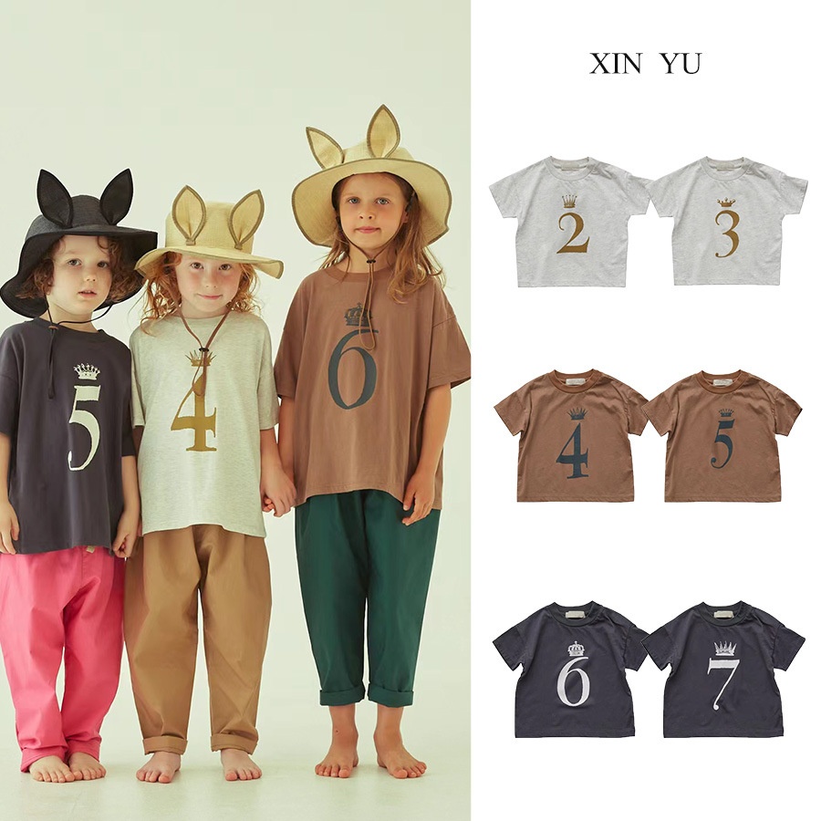 Children's Summer A-class Cotton Round Neck T-shirt Boys And Girls Digital Birthday Short-sleeved Tops Style Short-sleeved