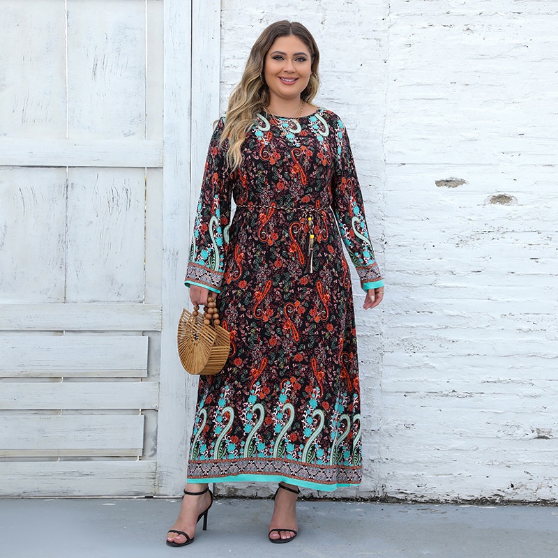 European And American Plus-size Women's Clothing Printed Bohemian Dress Foreign Trade Casual Long-sleeved Long Skirt