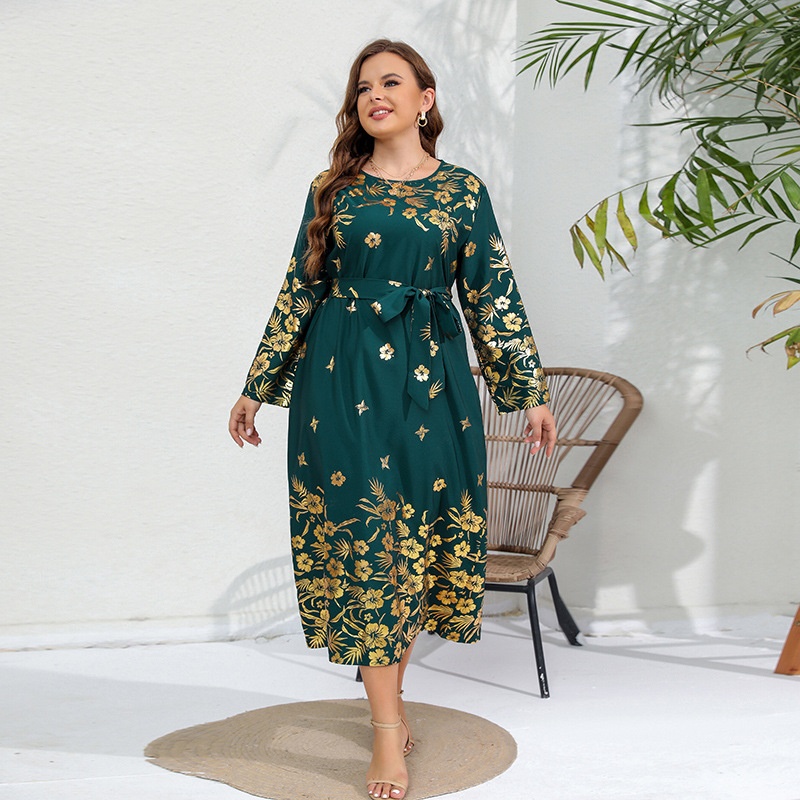 Ethnic Style Middle East Autumn And Winter Loose Large Size Dress Gold Stamping Print Long Sleeve Fat Mm Long Skirt