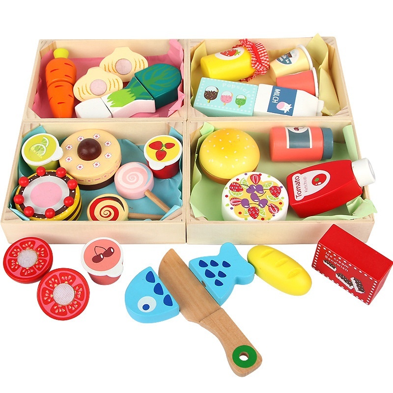 Simulation Wooden Box Cut And Play Pastry Toys Wooden Children's Vegetable Snack Breakfast Combination Cut And Play Wooden Box Game