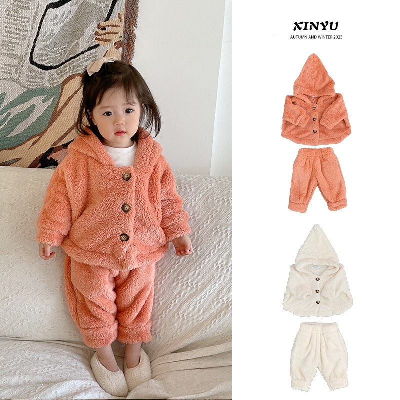 Children's A-type Plus Velvet Warm Home Clothes Suit Girls Baby Winter Coral Velvet Pajamas Two-piece Suit