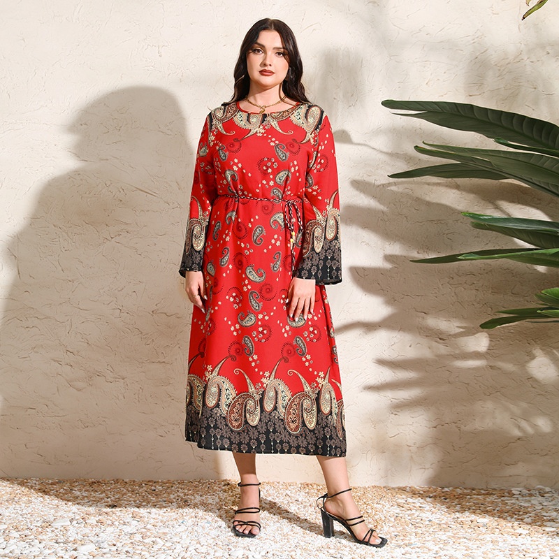 Ethnic Style American Middle East Large Size Long-sleeved Dress Retro Paisley Long Skirt