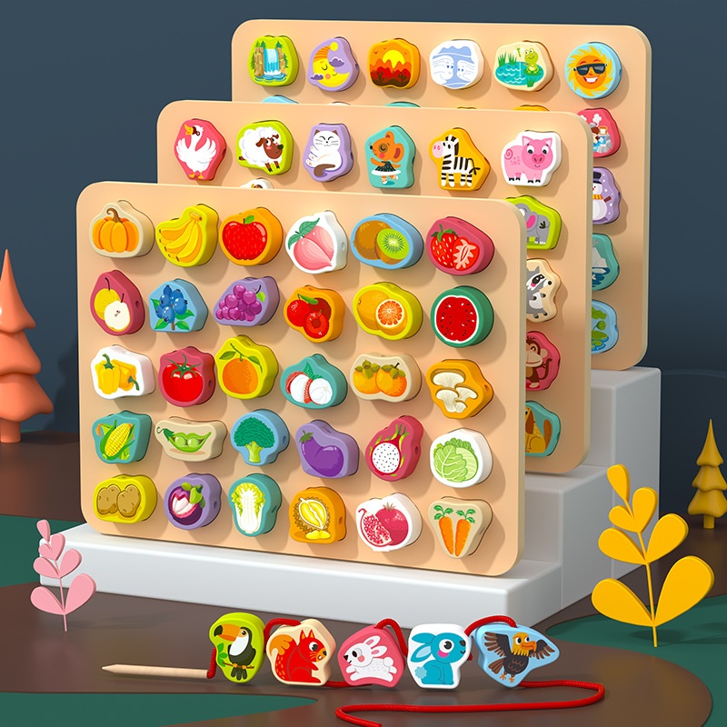 Children's Early Education Educational Threading Rope Puzzle Toy Wooden Animal Fruit Natural Beaded Puzzle Assembly