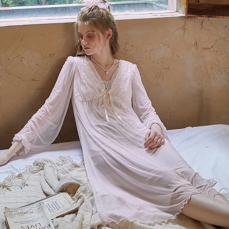 V-neck Lace With Chest Pads,Retro Palace Style,Soft Mesh Nightdress,Contrast Color Bow,Modal Pajamas For Girls