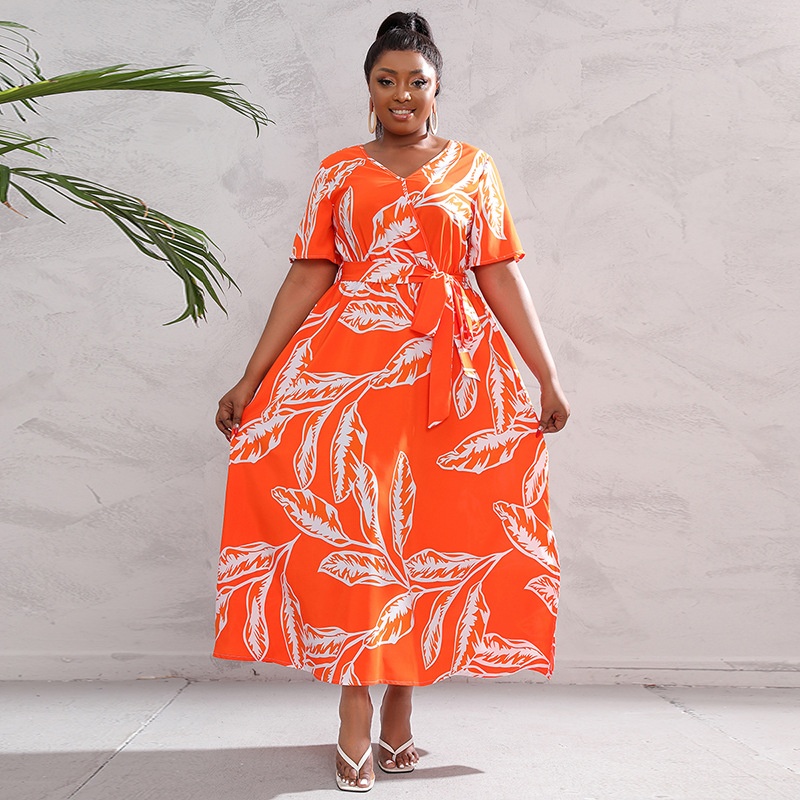 Hot-selling European And American Style Plus-size Dress For Women V-neck Loose Swing Feather Print Dress