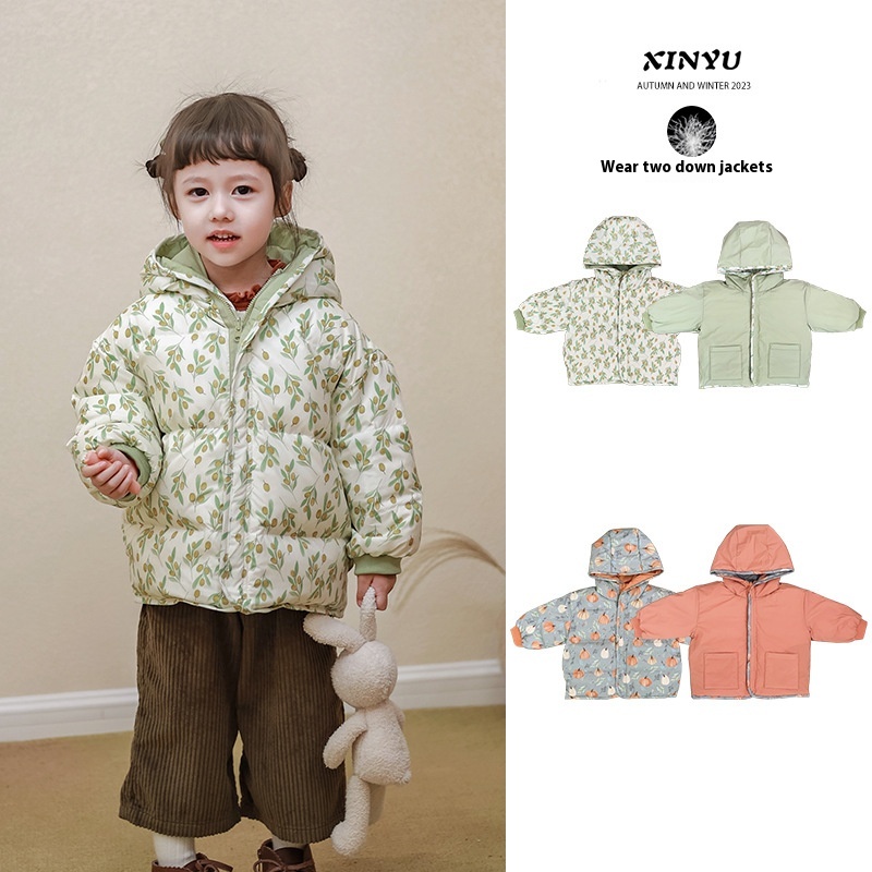 Winter Children's Style Two-sided White Duck Down Jacket Baby Thick Warm Girls Hooded Jacket