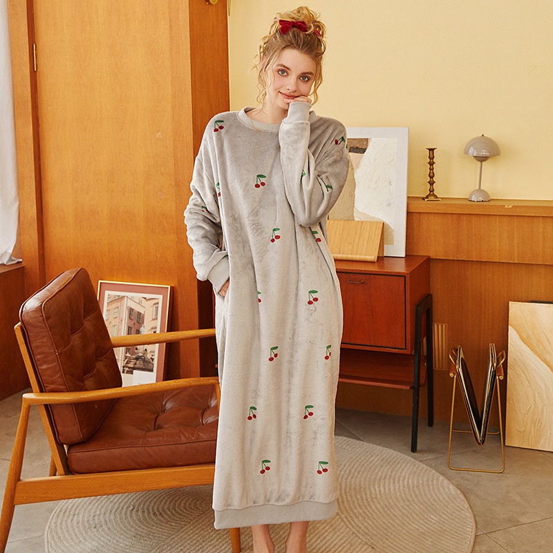 Winter Soft Cotton Cute Strawberry Cherry Print Long Warm Round Neck Nightdress Can Be Worn As Home Clothes