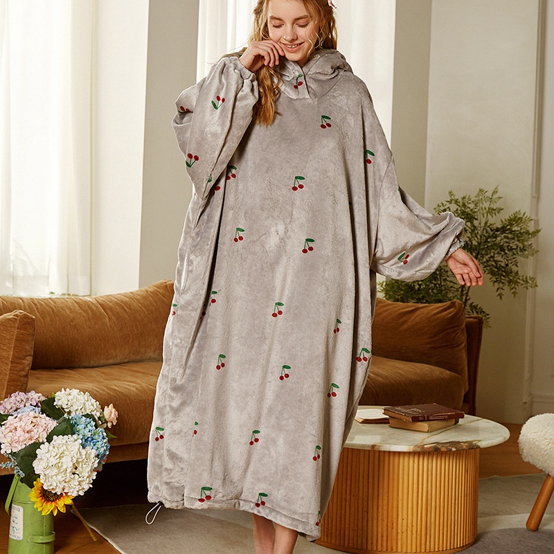 Printed Strawberry Cherry Soft Long-sleeved Nightdress Cute Warm Hooded Drawstring Loose Home Clothes