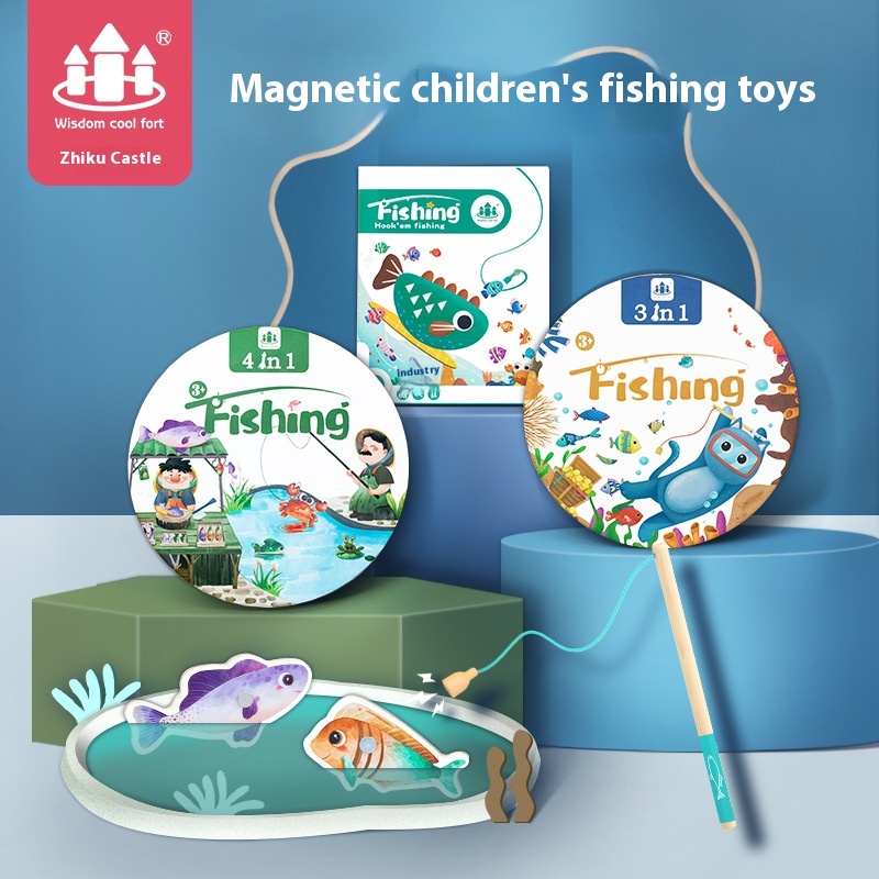 Wooden Fisherman Summer Camp Fishing Marine Life Ocean Fish Magnetic Beach Fishing Jigsaw Puzzle Play House Toys