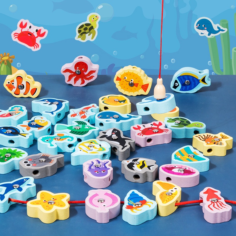 Children's Fruit Animal Ocean Bead Fishing Digital Threading Rope Game Wooden Building Block Toys