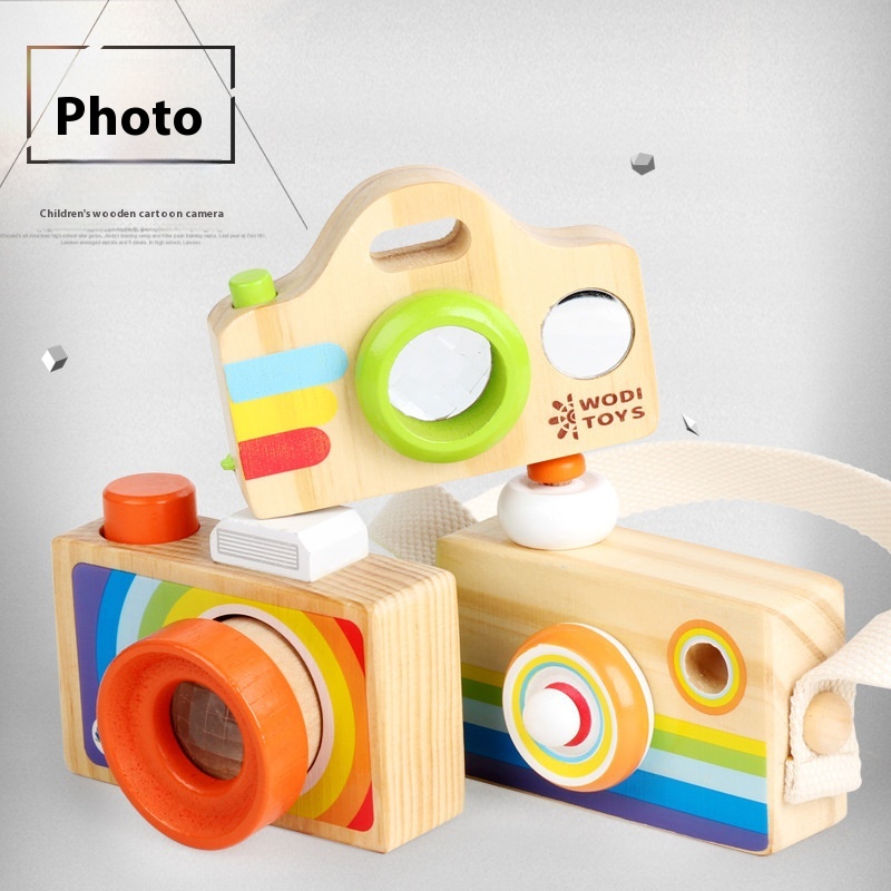 Wooden Cartoon SLRCamera Style Kaleidoscope Prism With Ever-changing Bee Eye Effect Children's Fun Educational Toy