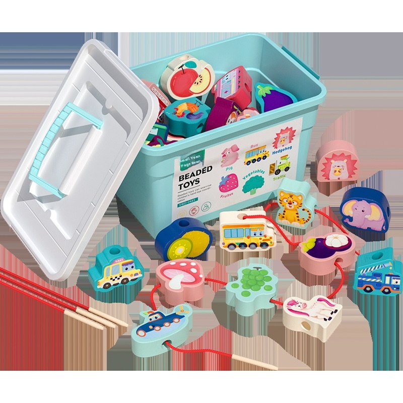 42 Beads Boy And Girl Fruit Animal Cognition Baby Fine Motor Training Thread Beads Children's Wooden Toys