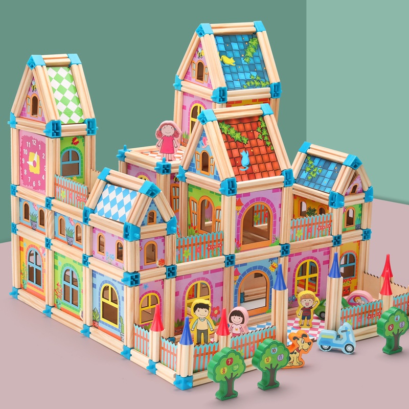 Wooden Children's Toy Building Blocks Architect Building Blocks Three-dimensional Puzzle Pink Princess Puzzle Model Assembly House
