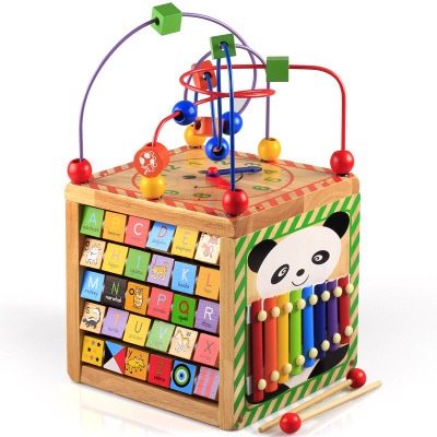 Multifunctional Bead Treasure Box Early Childhood Education Children's Toys1-2-4-5 Years Old Four-sided Panda Bead Wooden Toys