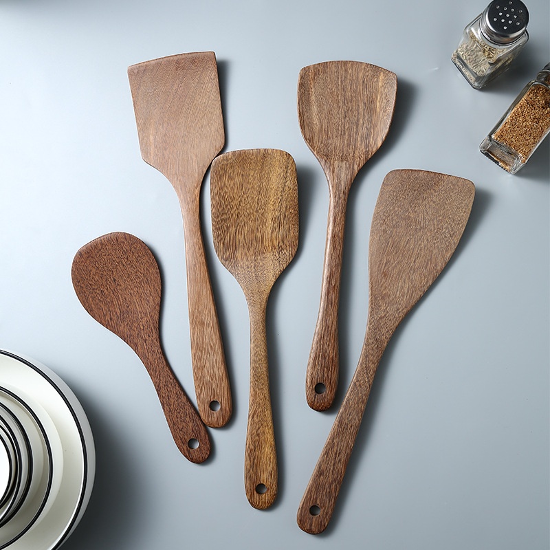Japanese Style Unpainted Wooden Shovel Wooden Spoon Chicken Wing Wooden Spatula Household Kitchenware Set Long Handle Frying Shovel One Piece
