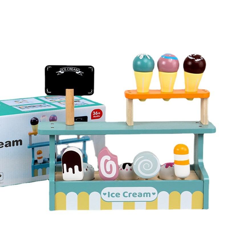 Wooden Simulation Ice Cream Shop Children's Wooden Play House Kitchen Ice Cream Cart Toy Stall