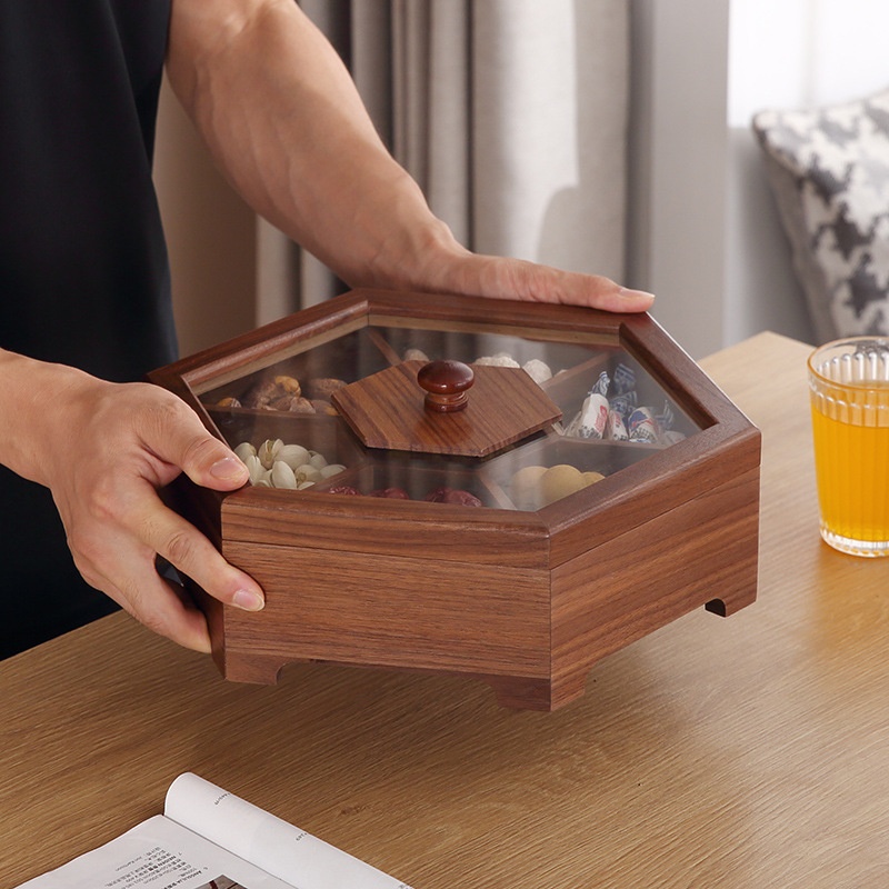 Black Walnut Dried Fruit Plate High-end Atmospheric Snack Plate Creative Living Room Coffee Table Partitioned Nut Plate Home Candy Box