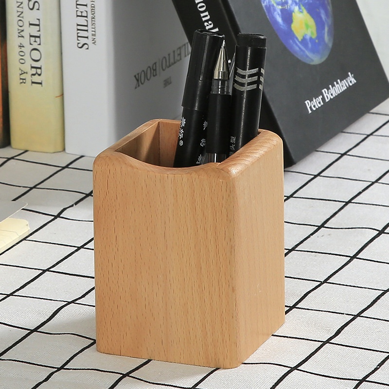 Wooden Stationery Pen Holder Creative Office Supplies Beech Wood Pencil Case Ornaments Square Wooden Desktop Storage Pen Holder