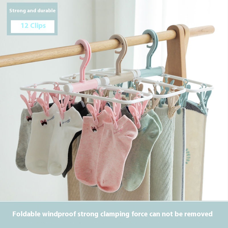 Clothes Drying Rack Folding Hanger12 Clips Socks Drying Rack Household Square Windproof Dormitory Student Children Adult Rack Hanging