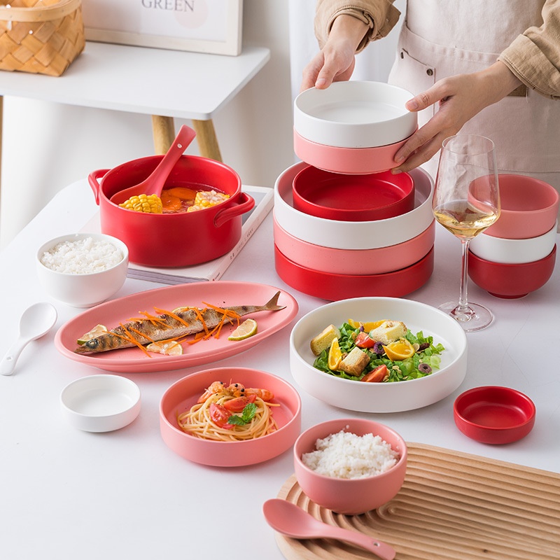 Nordic Style Bowls And Plates Ceramic Tableware Household Soup Bowls Rice Bowls Dinner Plate Combination Set Housewarming Gift