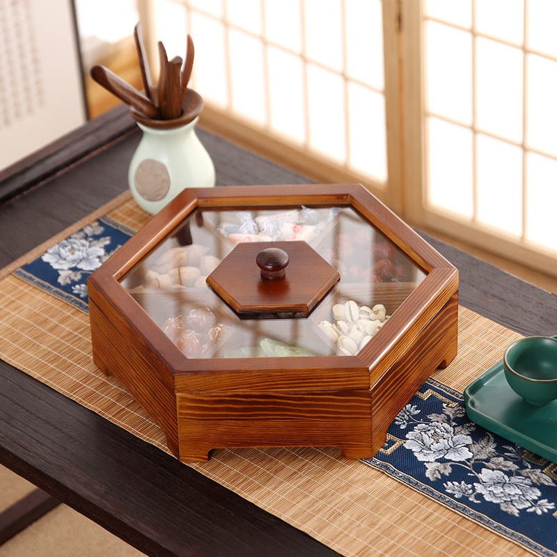 Dried Fruit Box Candy Box Festive Home Compartment With Lid Chinese Creative Wooden Melon Seed Tray Snack Box Fruit Tray