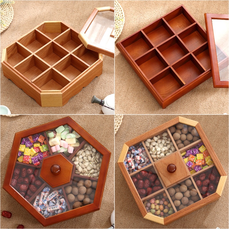 Wooden Candy Box Chinese Style Partition With Lid Wedding Candy Box Desktop Storage Box Melon Seeds Snacks Dessert Fruit Plate