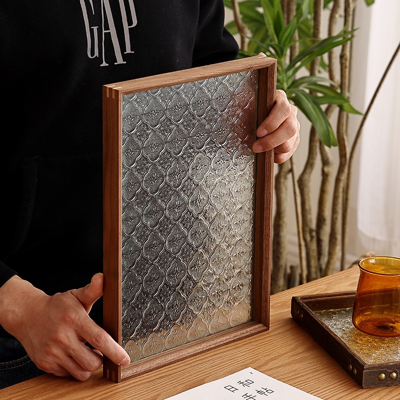 Retro Begonia Flower Glass Tray Household Rectangular Walnut Tea Tray Creative Tea Tray Fruit Dessert Wooden Tray