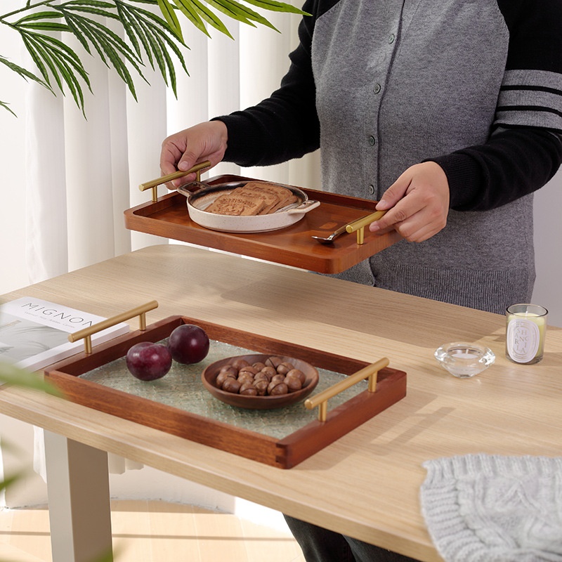 Walnut Begonia Flower Glass Tray Rectangular Metal Handle Dessert Tray Tea Cup Tea Set Tray Tea Tray