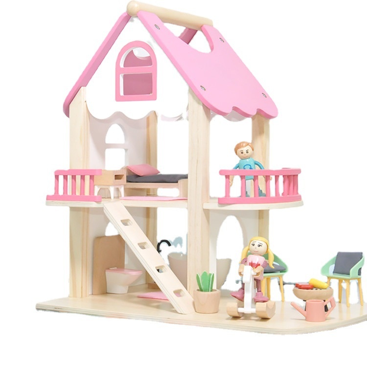 Pink Princess Nordic Doll House Villa Wooden House Cottage Role Playing House Assembly Wooden Toys