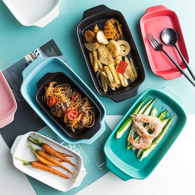High-value Double-ear Ceramic Baking Tray Household Vegetable Tray Baking Tray Hotel Cheese Baked Rice Tray Nordic Tableware