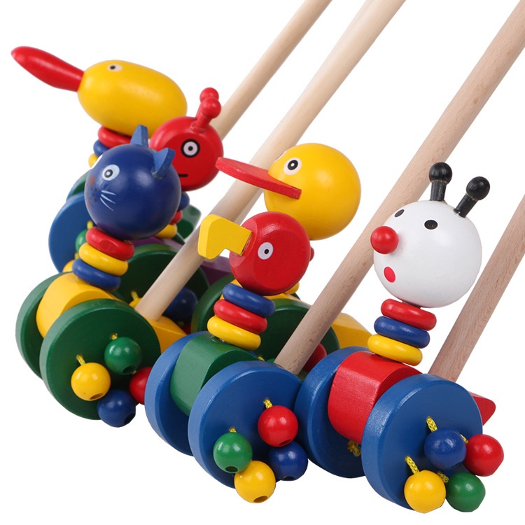 Direct Sale Children's Early Education Educational Toys Baby Duck Cartoon Animal Wooden Trolley Toy