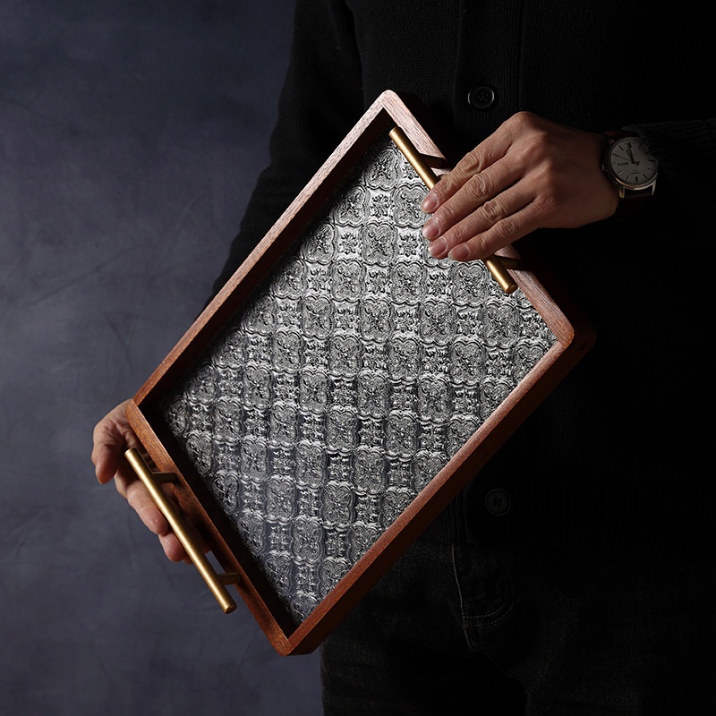 Retro Begonia Flower Glass Tray Household Sapele Tea Tray Solid Wood Breakfast Tray Cup Storage Fruit Dessert Tray