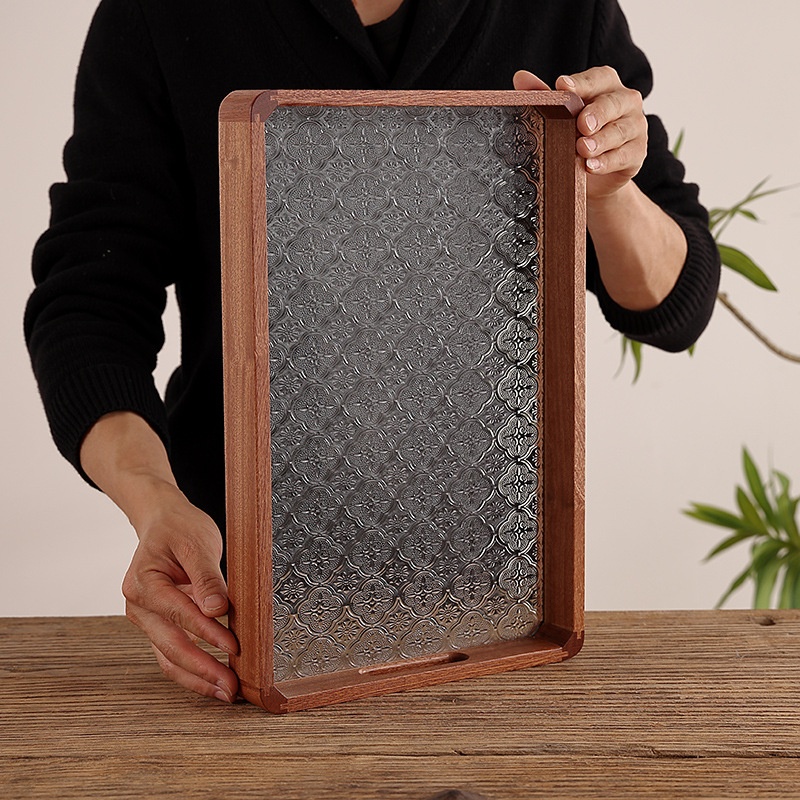 Japanese Retro Green Begonia Embossed Glass Tea Tray Solid Wood Rectangular Storage Flat Plate Photography Props Ornaments