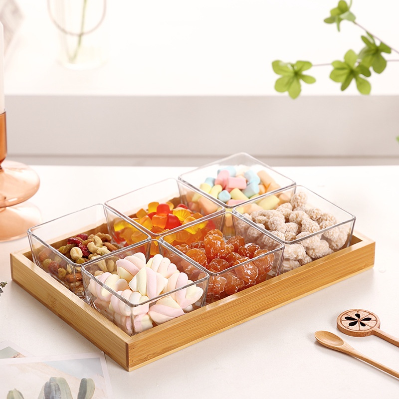 Nordic Glass Fruit Candy Dish Creative Snack Dried Fruit Dish With Lid Bamboo Living Room Glass Snack Fruit Box