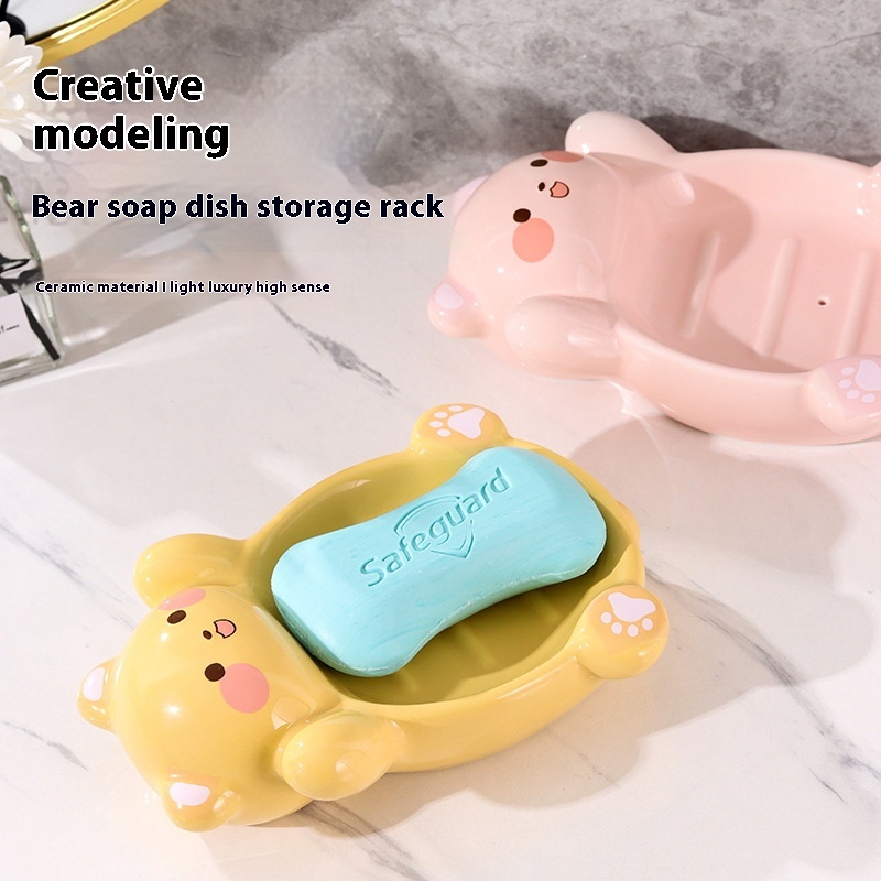 Cartoon Ceramic Soap Box Household Drain Soap Box Bathroom Soap Rack Storage Box Does Not Accumulate Water Cute Soap Box