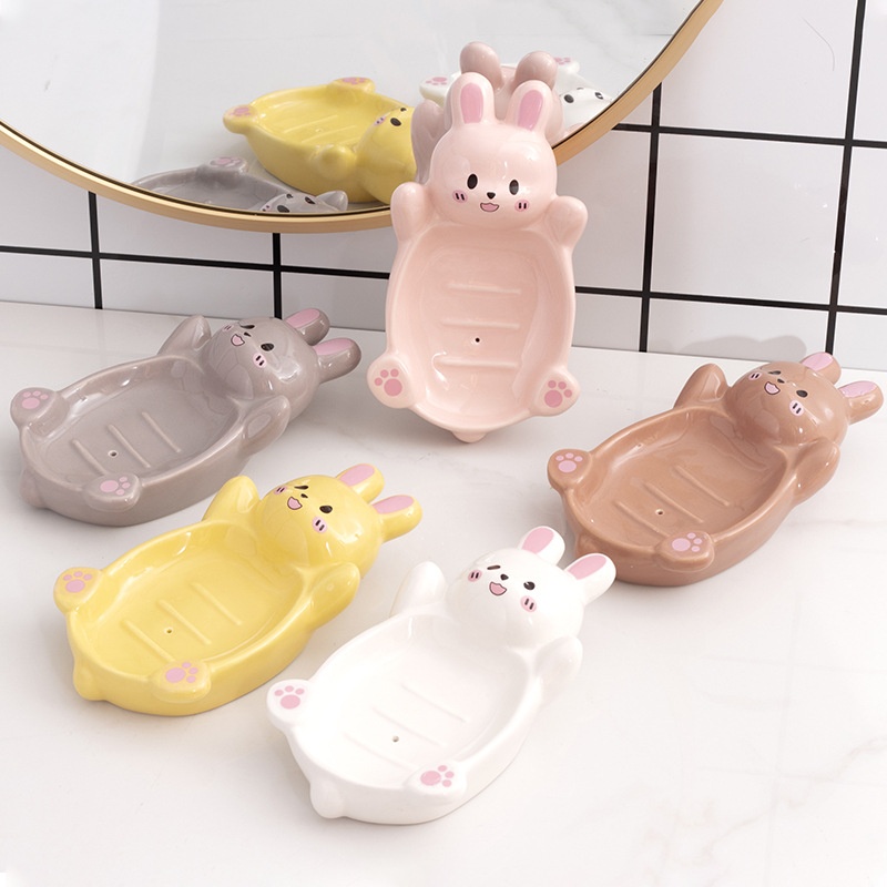 High-value Cartoon Ceramic Soap Box Cute Rabbit Soap Rack Bathroom Drain Soap Box Home Storage Box