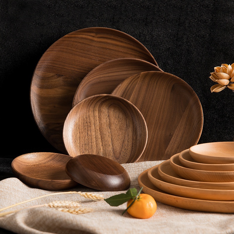 Beech Black Walnut Tray Dinner Plate Round Wooden Household Bread Dessert Round Plate Solid Wood Melon Seeds Dried Fruit Round Plate