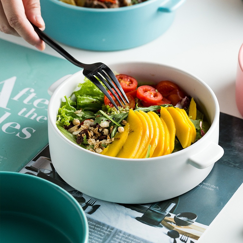 7-inch Creative Round Double-handled Bowl Hotel Western Restaurant Salad Baked Rice Bowl Nordic Macaron Color Ceramic Tableware