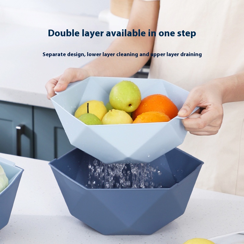Haixing Household Fruit And Vegetable Contrast Color Washing Basket Kitchen Fruit And Vegetable Storage Basket With Lid Double Layer Drain Basket