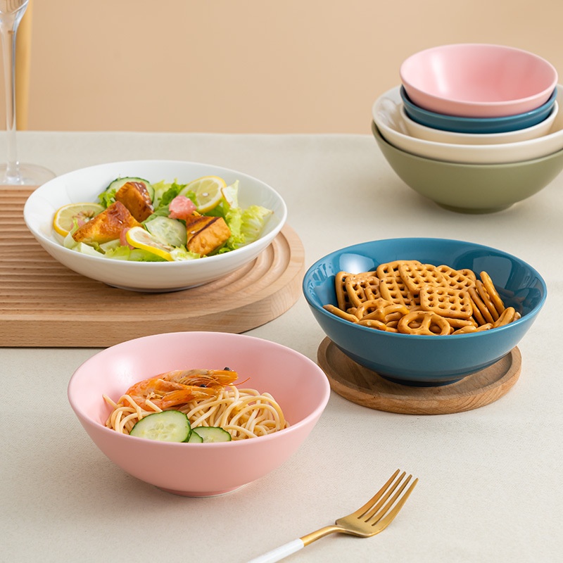 Simple Household Soup Bowl Noodle Bowl Petty Bourgeoisie Rice Bowl Western Restaurant Salad Bowl Solid Color Ceramic Bowl Tableware Set