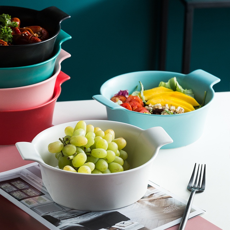Creative Round Salad Bowl Household Double-ear Soup Bowl Noodle Bowl Hotel Restaurant Ceramic Tableware