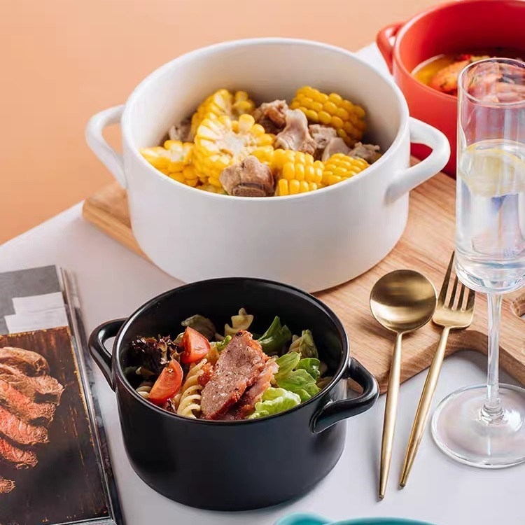 Nordic Double-ear Ceramic Bowl Household Covered Cheese Baked Rice Bowl Hotel Restaurant Fruit Salad Bowl Creativetant Noodle Bowl