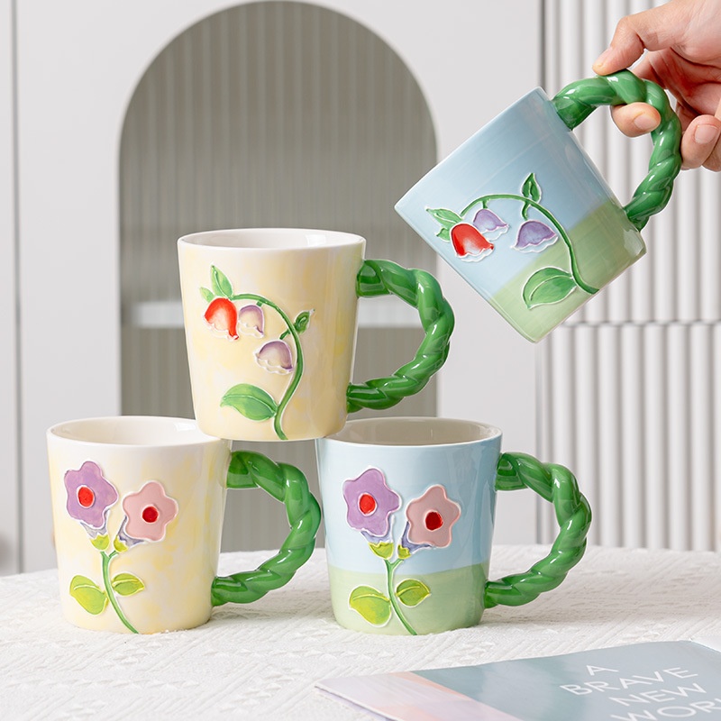 Hand-painted High-value Lily Of The Valley Mug Home Breakfast Cup Coffee Cup Large-capacity Tulip Embossed Ceramic Cup