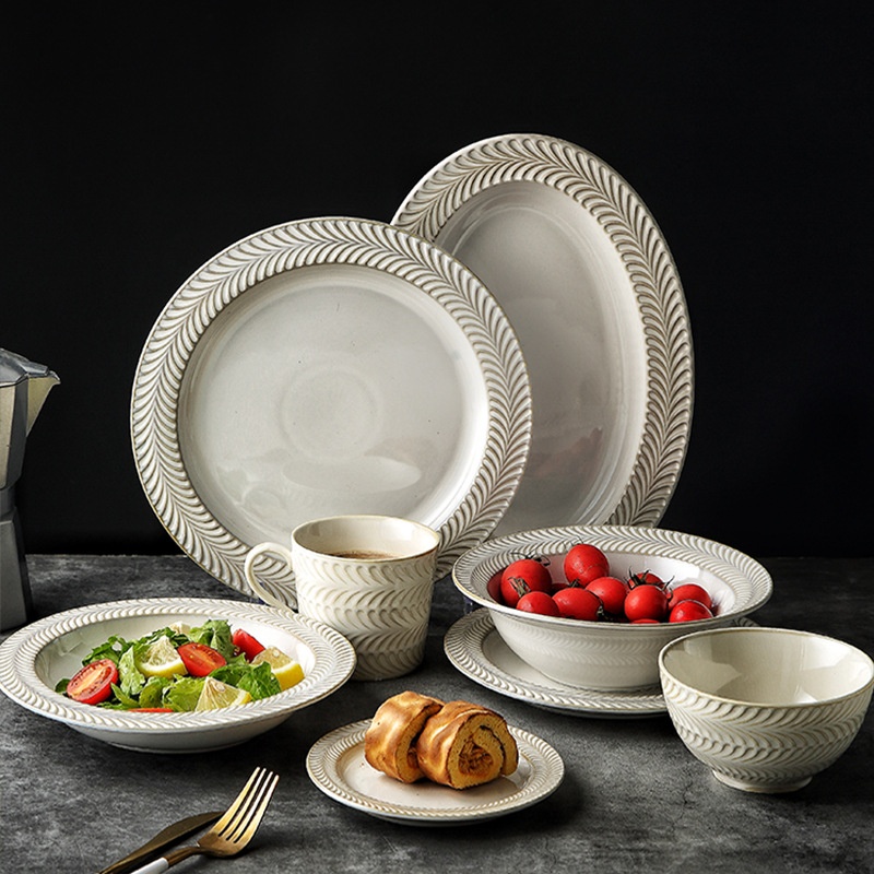 Creative Relief Bowl And Plate Set Household Combination Ceramic Bowl Rice Bowl Western Plate Fish Plate Kitchen Tableware Set