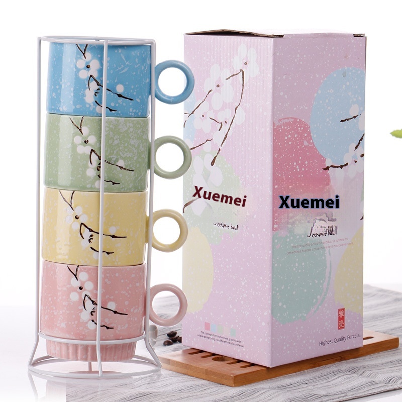 Japanese Style Hand-painted Snowflake Stacking Cup Office Coffee Cup Home Flower Tea Cup Creative Ceramic Cup Set