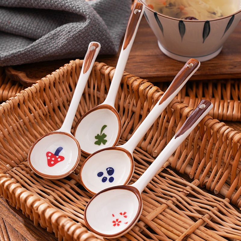 Long Handle Ceramic Spoon Household Rice Spoon Cartoon Spoon Children's Soup Spoon Cute Strawberry Spoon Hand-painted Net Celebrity Tableware