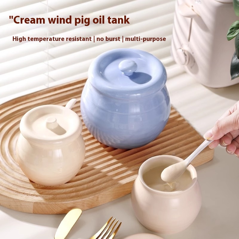 Cream Style Ceramic Seasoning Jar Household High Temperature Resistant Lard Jar With Lid Spoon Ceramic Jar Kitchen Salt Jar