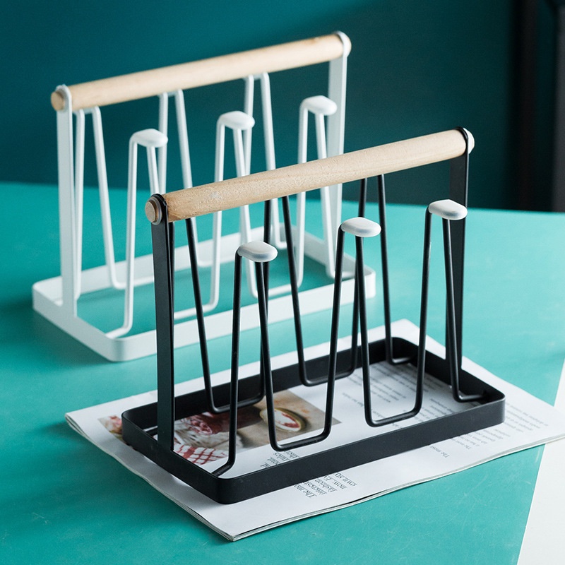 One Piece Of Household Storage Iron Rack Upside Down Drain Cup Rack Wooden Handle Cup Rack Set Daily Storage Water Cup Rack