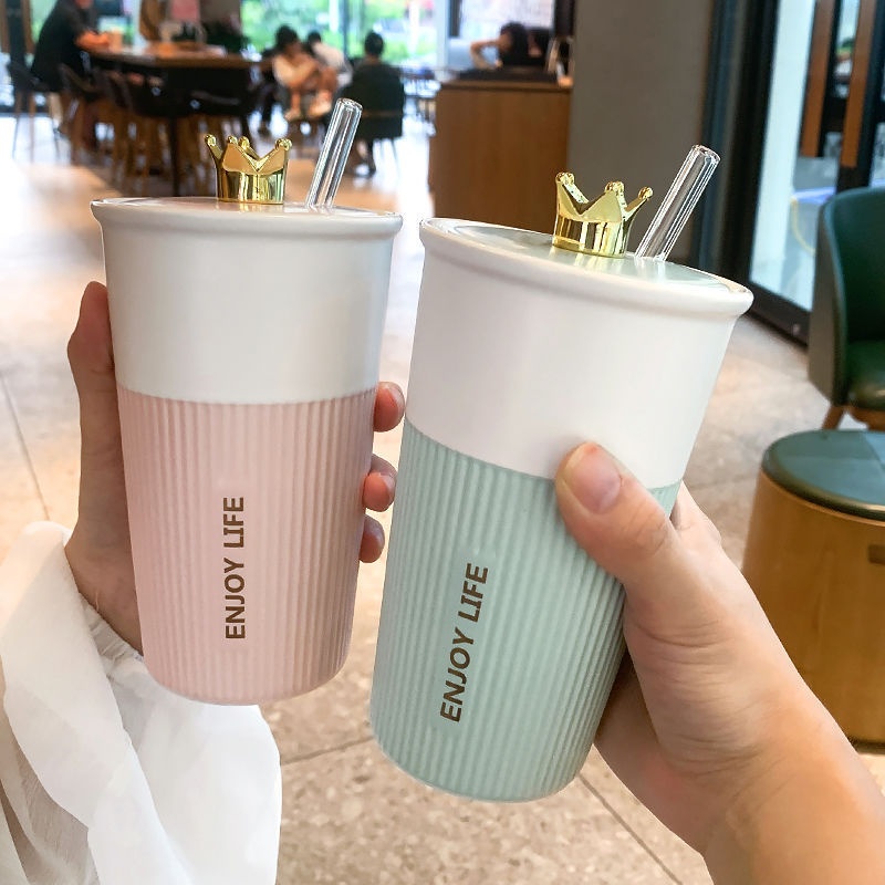 High-value Mug Creative Lid Straw Cup Milk Tea Cup Ceramic Cup Couple Cup Gift Set