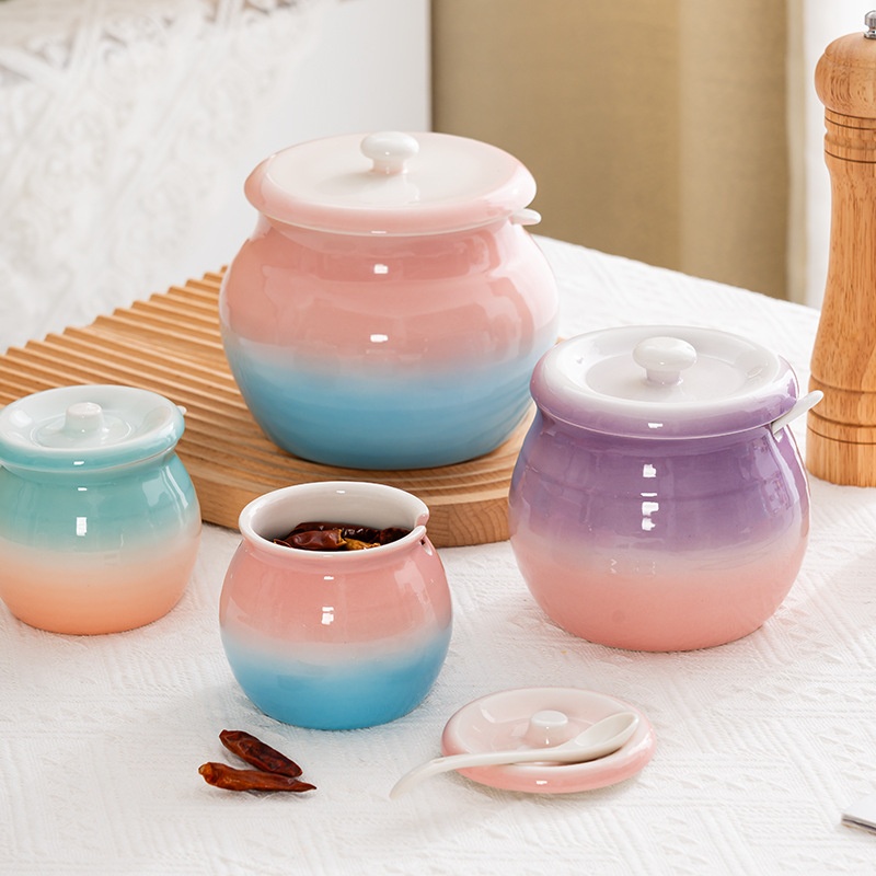 High Temperature Resistant Gradient Ceramic Lard Jar Household Seasoning Jar With Lid Chili Oil Splashing Chili Jar Sugar And Salt Jar